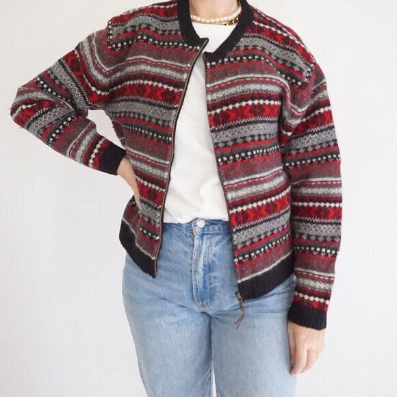 Vintage Newton Trading Red Black Knit 100% Shetland Wool Zip Cardigan Sweater L - Picture 1 of 11